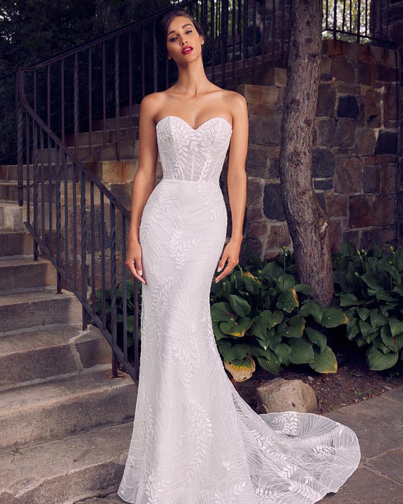 La22119 strapless or off the shoulder wedding dress with sheath silhouette4